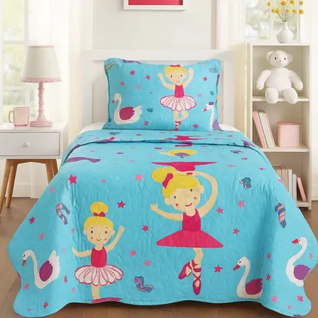 Kit Colcha Cobre Leito Infantil Menino Menina Solteiro 2 Pçs Cor Azul-celeste Bailarina