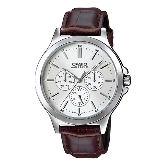 Casio Mtp-v300l Cuero Marrón Multifunción - 100% Original Color del fondo Plateado