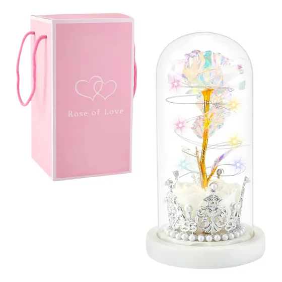 Flor Eterna Con Luz Led Cupula De Cristal Regalo Mujer