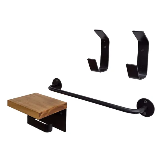 Kit De Baño Hierro Madera Negro Portarrollo Barral Perchero