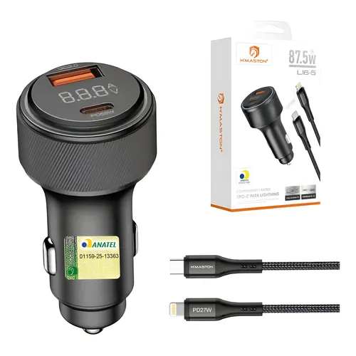 Carregador Veicular Carro Turbo 87.5w Usb Com Cabo Lightning