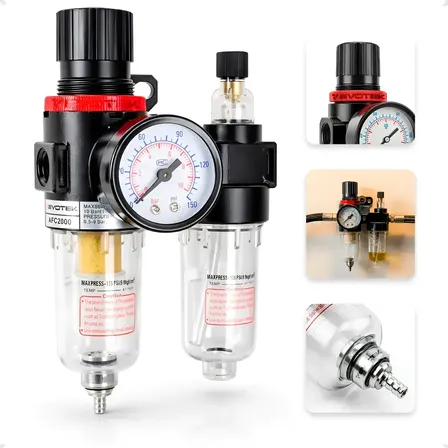 Filtro Eliminador de Água e Óleo com Manômetro Regulador Pressão Compressor 1/4 150 Psi Evotek Ferramentas