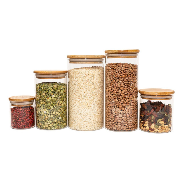 Potes De Vidro P/ Mantimentos C/ Tampa Bambu Oikos - 5 Pçs Potes De Vidro P/ Mantimentos C/ Tampa Bambu Oikos - 5 Pçs