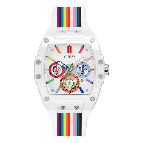 Reloj Guess Phoenix Caballero Multicolor Gw0720g1 Bisel Blanco Fondo Blanco