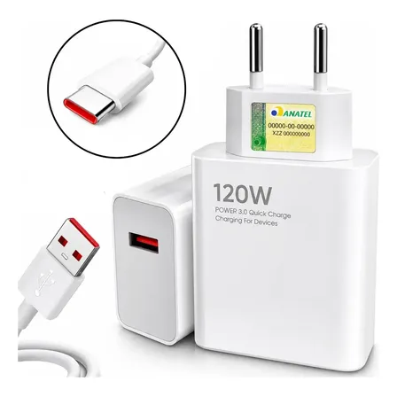 Carregador Turbo 120w Usb-c Para Xiaomi Redmi Poco X7 Rapido Branco