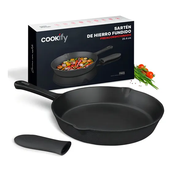 Sartén De Hierro Fundido Precurado Cookify 25.4 Cm | Ferro-lux Series | Skillet Duradero, Distribución Uniforme De Calor, Ideal Para Asador. Color Negro