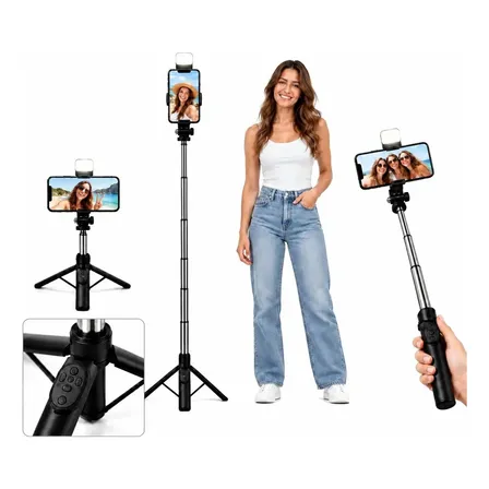 Tripé Celular Grande 1.70m Regulável Alumínio Profissional Preto Com Led