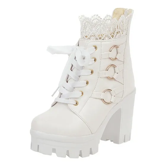 R Boot C1092 Moda Invierno Encaje Color Puro Tacón Alto Muje
