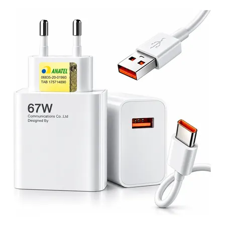Carregador Turbo 67w Usb-c Para Xiaomi Poco X7 Redmi Note Branco