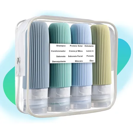 Kit Viagem Frasco Pote Porta Shampoo Creme Silicon 4un 90ml