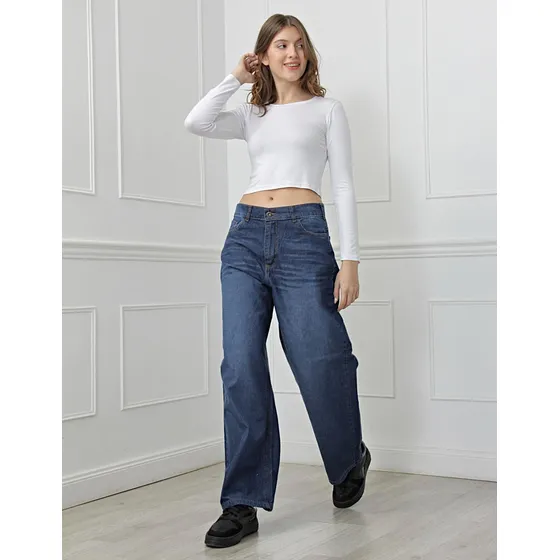 Pantalón Onyx Wide Leg Tiro Alto Mujer Azul Classic