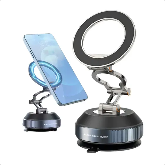 Suporte Veicular Para Celular Magnético iPhone Android Tablet Universal Dobravel Carro E Mesa Rotação 360 Preto Premium Imãs Fixação Super Forte Com Ventosa De Fixação Ice Coorel