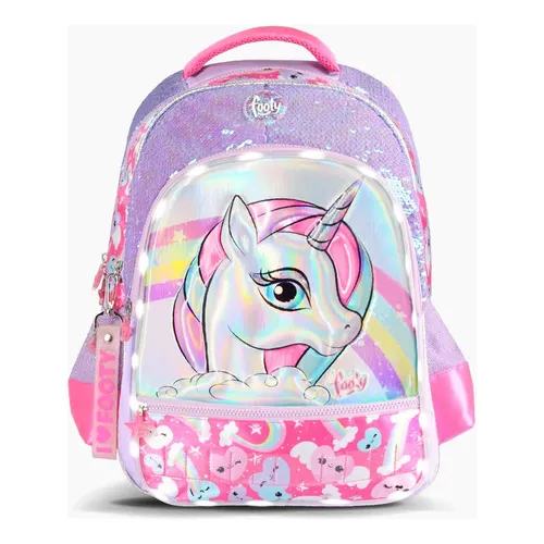 Footy Mochila Escolar Unicornio Espalda Lila Con Luz - Qr!