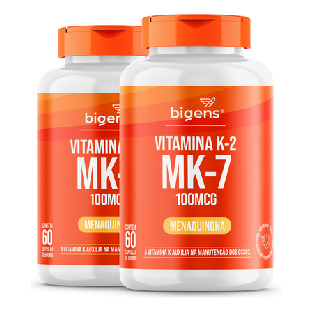 Kit C/ 2x Vitamina K2 Mk-7, ( Mk7 ) 120 Cáps, 100 Mcg, Bigens Sabor Neutro Kit C/ 2x Vitamina K2 Mk-7, ( Mk7 ) 120 Cáps, 100 Mcg, Bigens Sabor Neutro
