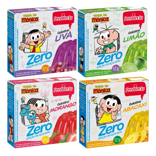 4 Gelatina Zero Açucar Sabor Abacaxi Uva Morango Limão 12g
