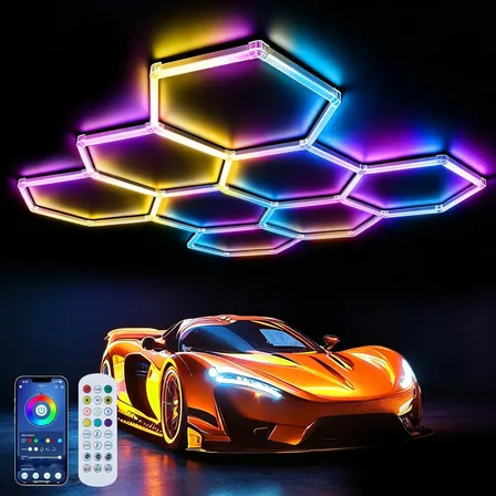 Luminária LED Hexagonal RGB Tieesa, 245W, para Garagem com App e Controle Remoto