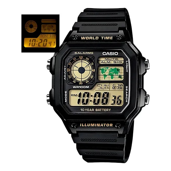 Reloj pulsera digital Casio AE-1200WH-1B con correa de resina color negro