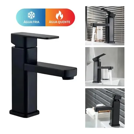 Torneira Banheiro Monocomando Via Flix Fc-33 Misturador Quente E Frio Preto Fosco Black Matte Luxo Bancada Mesa Pia Quadrada Slim Cuba Sobrepor Premium Corpo Abs Acionador Metal Furo 35mm Alta Pressão