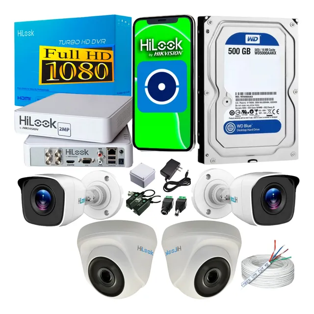 Kit Hilook Hikvision Dvr 4ch + 4 Camaras 1080p + Disco Duro