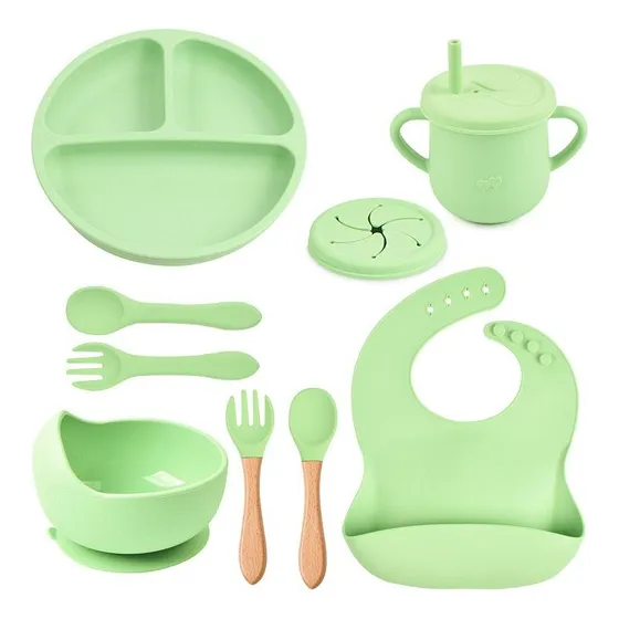 Set Alimentación Silicona Libre Bpa 9 Piezas Antideslizante Color Verde