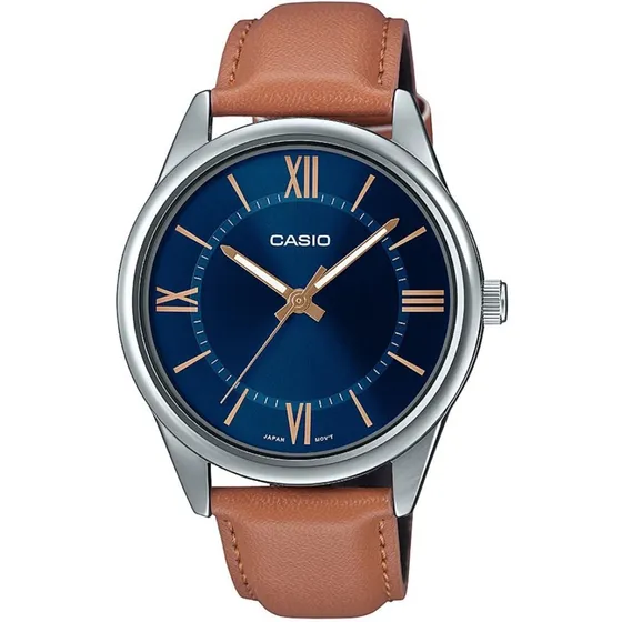 Reloj pulsera Casio MTP-V005 con correa de cuero color marrón - fondo azul - bisel plateado