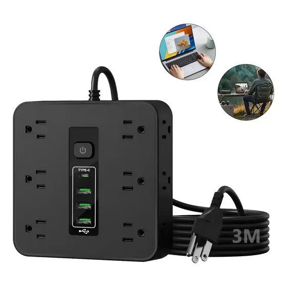 Multicontactos Usb 2500w Negro, 12 Salidas + 3 Usb + 1 Tipo C, Cable De Cobre 3m, Protección Contra Sobrecarga Y Rayos, Compatible 110v-220v, Corriente Máxima 10a