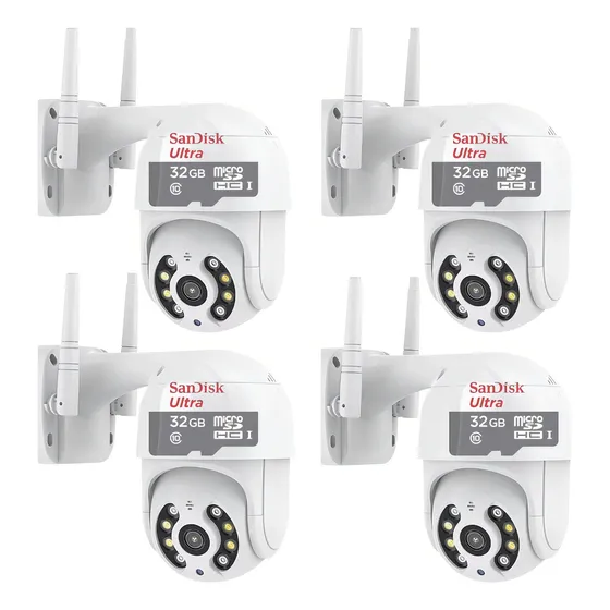 Kit 4 Camera Ip Wifi iCSee ABQ-A8 Prova De Água + 4 Cartão 32gb Cor Branco