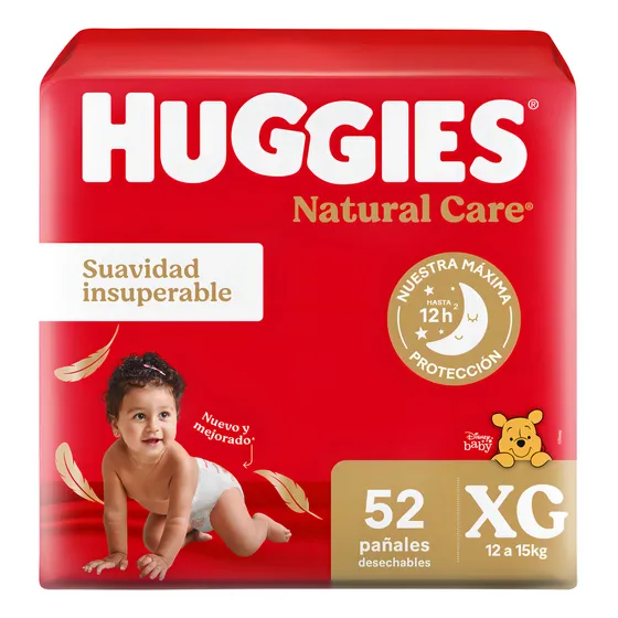 Pañales Huggies Natural Care Talle Extra Grande (XG) X 52 Unidades Ahorrapack Suavidad Insuperable Hipoalergenico Cuidado Superior Para Su Piel