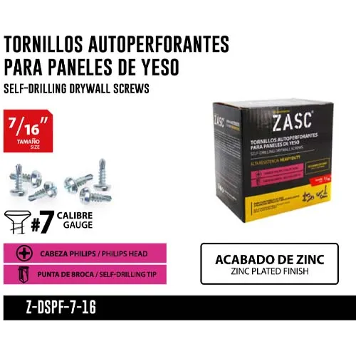 Tornillo Drywall Autotaladrante No7 X 7/16  2000pzas Zasc