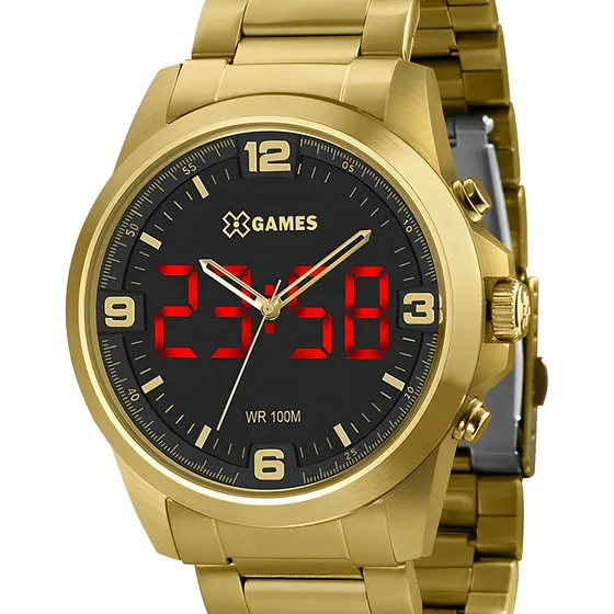 Relógio X-games Masculino Led Xmgsa007 P2kx Digital Dourado Cor do fundo Preto