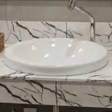 Bancada Pia Banheiro Toda Em Vidro + Cuba Chapéu 80x50cm Branco/marmorizado Brilhante