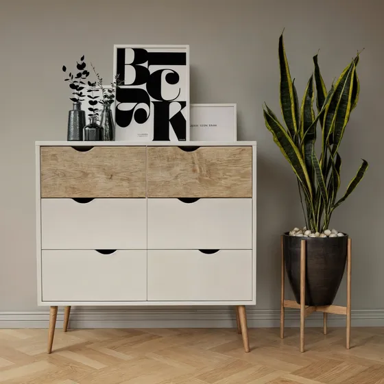 Cómoda Cajonera Top Living Estilo Nórdico Moderna Con 4 Cajones Color Blanca Y Madera Café