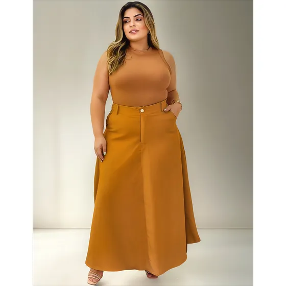 Saia Alfaiataria Plus Size Rodada Evasê Cós Alto Evangélica 