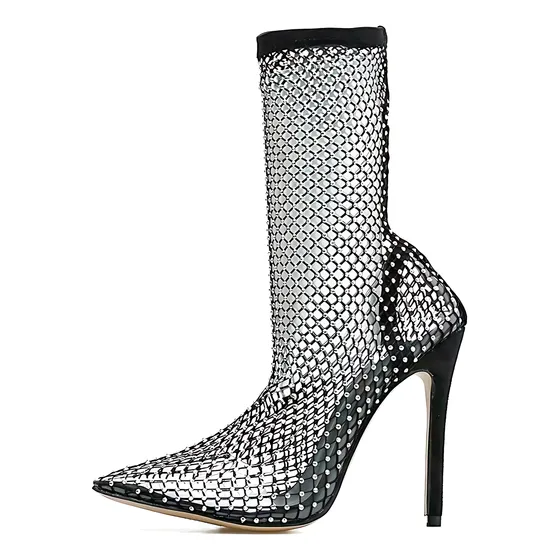 Botin Malla Rejilla De Taco Alto Mujer Diseño Diamante