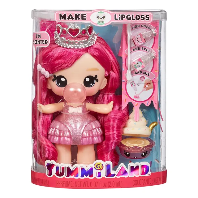 Muñeca Yummiland - Bianca Bubblegum y Scoops - Perfumada con Kit de Brillo Labial DIY