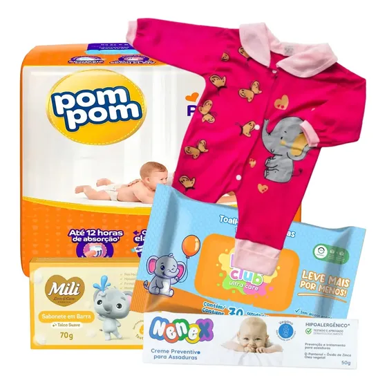Kit chá de bebê meninas Pom Pom com fralda P, lenço umedecido e pomada Kit chá de bebê meninas Pom Pom com fralda P, lenço umedecido e pomada