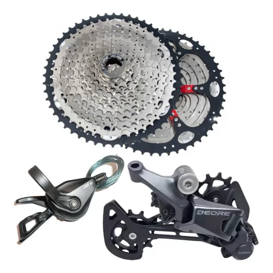 Kit Relação Cassete Catraca K7 X-time 12s 11/52t Dentes Cb Aço Inox/alumínio + Câmbio Deore M6100 Imp Traseiro 12v + Alavanca Passador Deore Cambio 12v Velocidades Traseiro Imp Bike Bicicleta Shimano