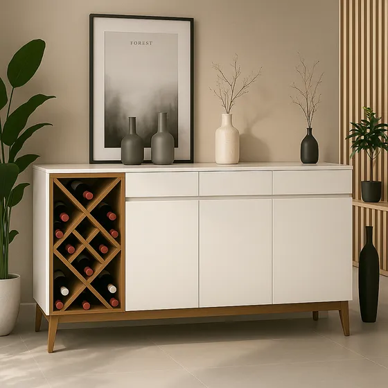 Buffet Aparador Com Adega Off White 3 Portas 3 Gavetas
