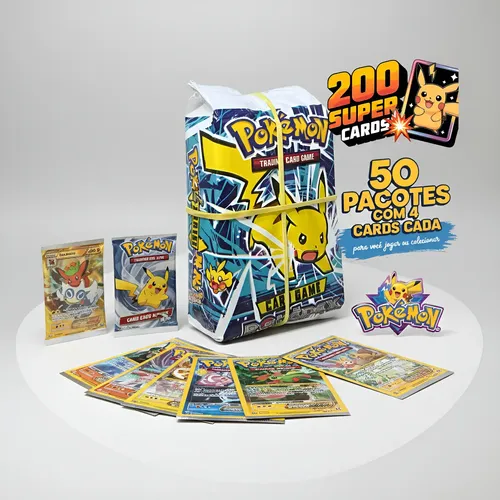 Kit 200 Cards Pokémon = 50 Envelopes Cartinhas Pikachu Ashi