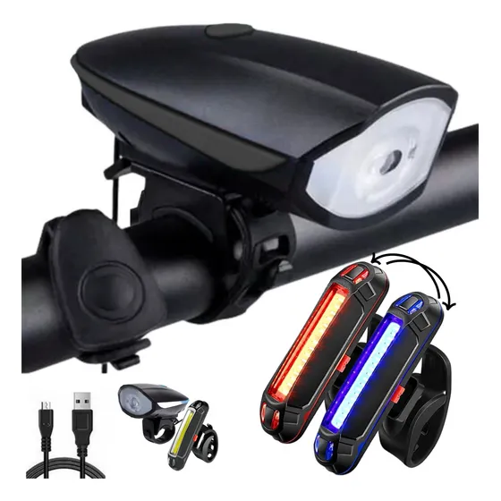 Kit Lanterna Farol Led Com Buzina Bike Recarregavel Usb