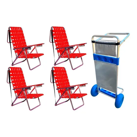 Combo Reposera 5 Pos Aluminio Sousa Baja X4 + Carro Mesa Color Rojo