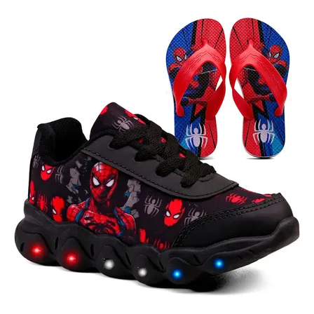 Kit Tênis Infantil Homem Aranha Com Led + Chinelo Infantil