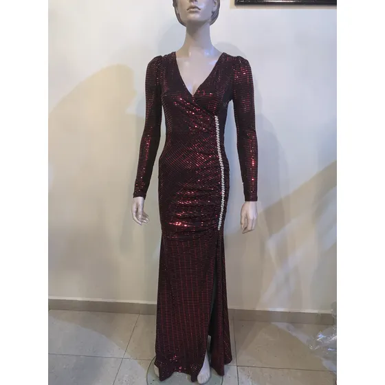 Vestido Rojo Manga Larga Lentejuelas
