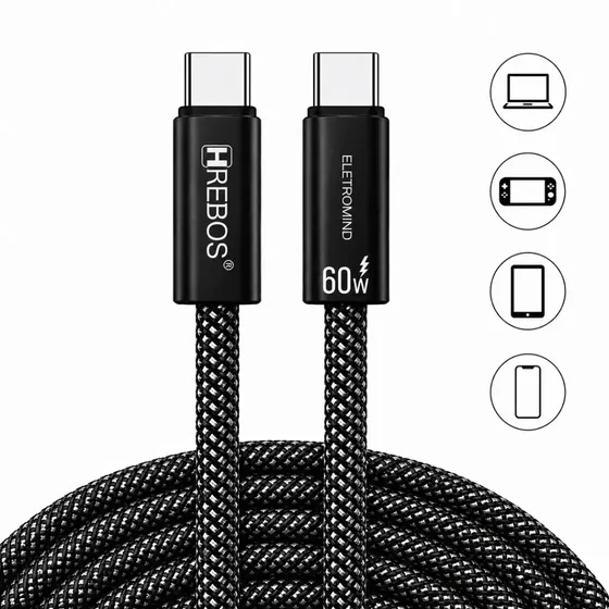Cabo Turbo Tipo C 60w 2 Metros Usb-c Para Usb-c Carga Rápida Transferência De Dados Eletromind Compatível Com iPhone Samsung Xiaomi Poco Motorola Ps5 Nylon Reforçado