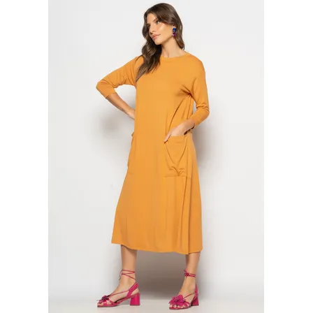 Vestido Midi Com Bolsos E Manga 7/8 Salvatore