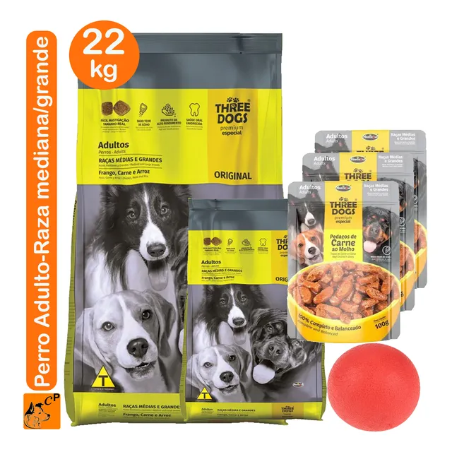 Ración Three Dogs Premium Adultos Razas Med/gdes 20 Kg + 2kg