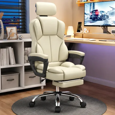 Silla Gamer Ejecutiva Ergonomica Reclinable Con Reposapies Blanco Cuero