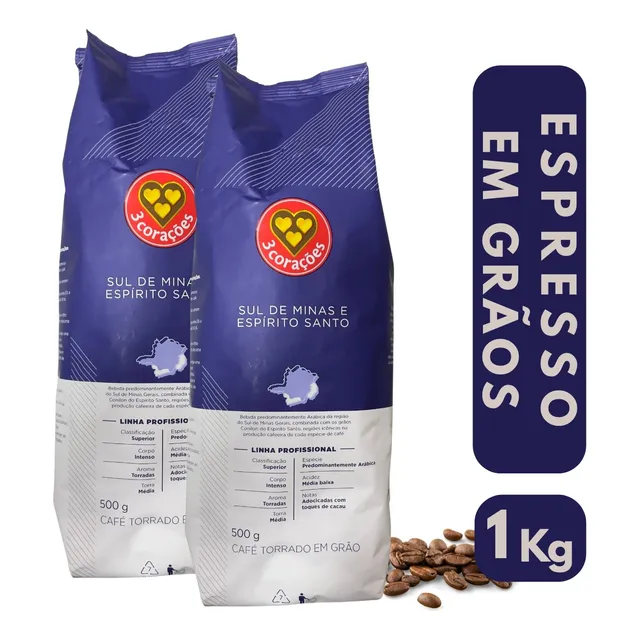 2x Café Em Grãos Torrado Blend Especial 3 Corações 500g