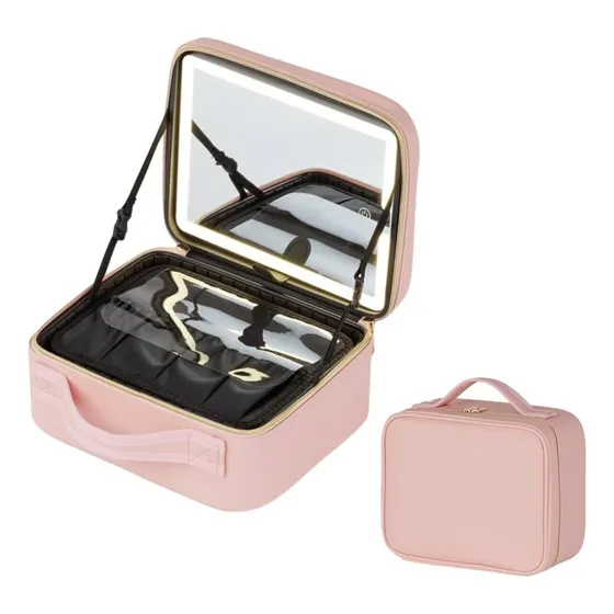 Organizador De Maquillaje Con Espejo Led Maleta Cosmetiquera Rosa