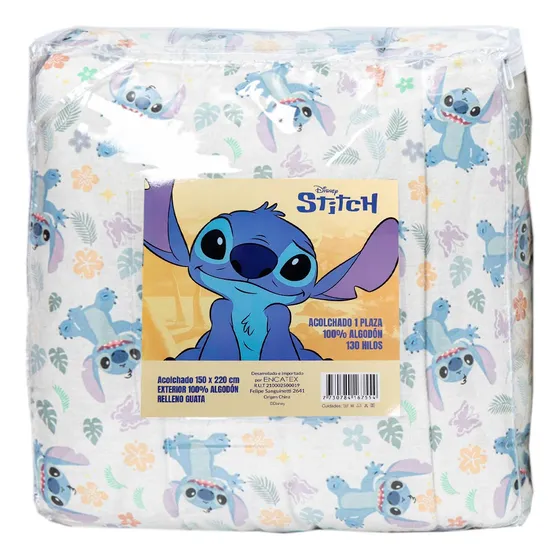 Acolchado Infantil 130 Hilos Stitch 1 Plaza 100% Algodón Color Blanco